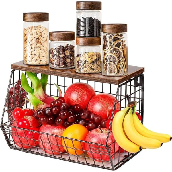 Sprifityy Hanging Fruit Basket, Fruit Basket Wall for Kitchen, with Wooden Lid and 4 Banana Hanger Hooks, Stackable Vegetable Basket for Fruit Snacks Storage and Vegetables