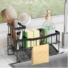SWILLE Sink Organiser, Stainless Steel Sink Organiser with Self-Draining Drain Tray, Kitchen Organiser Cloth Holder, Kitchen Sponge Brush Holder for Brush, Soap Dish, Detergent