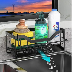 VILCEN Sink Organiser, Kitchen Organiser Stainless Steel with Self-Draining Drain Tray for Sponge Holder, Dish Cloth Holder, Organiser for Kitchen and Bathroom, Black