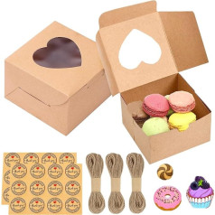 Gbateri Pack of 50 10.2 cm Cake Boxes with Window - Small Bakery Boxes 10.2 x 10.2 x 6.3 cm - Paper Biscuit Boxes - Mini Treat Boxes for Pastries, Strawberries, Cupcakes, Muffins, Candy (Brown) wn)