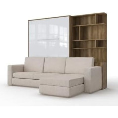 Maximahouse Schrankbett vertikale Invento LED 140V (140x200) mit Ecksofa und Bücherregal, Ottomane mit Stauraum und Kissen, Lattenrost aus Holz