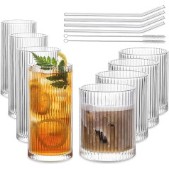 INSETLAN Ribbed Drinking Glasses Set of 8 - 4 Highball Glasses 370 ml & 4 Rocks Glasses 410 ml Vintage Glasses, Ideal for Wine, Juice, Water, Iced Coffee, Whiskey, Cocktails (370 & 410 ml)