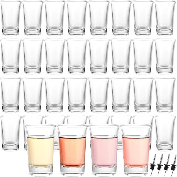 WOPPLXY Pack of 36 Shot Glasses, 47 ml Transparent Shot Glasses with 4 Pourers, Glass Shot Glasses for Tequila, Schnaps, Vodka