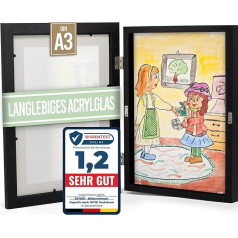 KIYARI Picture Frame Children's Drawings A3 Black, Hinged & Front Opening, for up to 150 Drawings, Robust Wood & Shatterproof Glass, Ideal for Art Projects, Children's Room & School