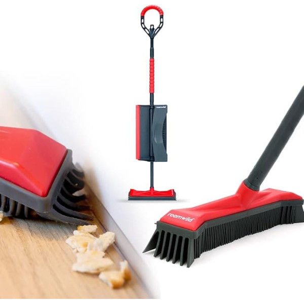 Roamwild Multi-Cleaner Broom with Rubber Bristles and Dustpan in Set With Unique Slats for Corner Cleaning Perfect for Removing Wet and Dry Dirt