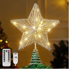 JOIEDOMI 12 Inch Metal Christmas Star Tree Topper with Radial Design, Silver Warm White Tree Topper with 20 LEDs, USB Powered Remote Control for Christmas Tree Decorations, Holiday and Party