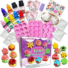 BARVERE Make Your Own Soap for Children, 500 g Soap, 19 Shapes, 7 Pigments, 2 Essential Oils, 2 Gift Bags and DIY Tools, Soap Making Set Adults, Children's Birthday Christmas Gift