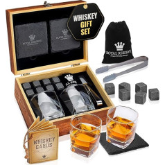 Whisky Gift Set - Whiskey Glasses, Stones, Coasters, Ice Tongs, Wooden Box, History and Recipe Cards, Velvet Bag - Accessory Set, Gift for Men, Husband, by Royal Reserve