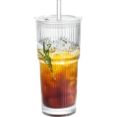 Puraville Glass Tumbler with Lid and Straw, Vintage Ribbed Glasses for Whiskey, Cocktail, Beer, Mason Jar, Tumblers, Iced Coffee Cup, 20oz