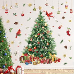 decalmile Christmas Window Wall Sticker Christmas Tree Large Wall Sticker Tree Watercolour Window Sticker Snowflakes Cardinal Bird Shop Window Glass Door Party Christmas Decoration