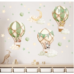 Wally Fox - Wall Sticker for Children's Room - Children's Room Decoration - Wall Sticker for Children's Room Girls, Boys - Wall Decoration, Wall Stickers - Animals in Balloons, Green, Stars, Moon, Hot