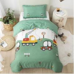 Sacebeleu Children's Bed Linen 135 x 200 cm Boys Car Cotton Green Digger Motifs Children's Bed Linen Duvet Cover and Pillowcase 80 x 80 cm with Zip