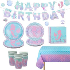 fanquare Mermaid Party Tableware Set for Girls 170 Pieces Mermaid Party Supplies 24 Guests Party Accessories Set Paper Plates Cups Napkins Tablecloth Birthday Banner for Girls Birthday