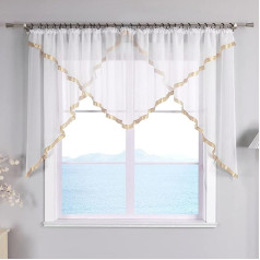 Eslir Panel Curtain with Ruffled Tape, Kitchen / Bistro Curtains, Transparent Curtains with Satin Ribbon, Voile, Pack of 1