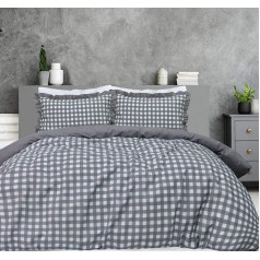 Sleepdown Gingham Check Grey Plain Back Soft Easy Care Duvet Cover with Ruffle Edge Pillowcase - Single (135x200cm)