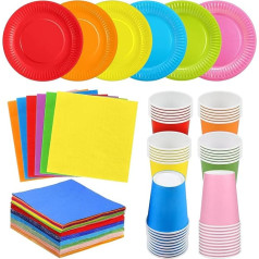 Colorful Party Paper Plates Cups Napkins Rainbow Party Tableware Set Multicolor Paper Plates Lunch Cocktail Napkins 250ml Paper Cups for DIY Birthday Holiday Party 90pcs