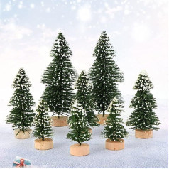 8 Pieces Mini Artificial Christmas Trees Desktop Topper Snow Frosted Sisal Trees with Wooden Base Cake Topper Deocr DIY Craft Miniature Pine Tree for Home Xmas Party Table Top Decoration (3 Sizes)