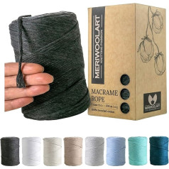 MeriWoolArt Graphite Macrame Yarn, Macrame Yarn, 3 mm Colourful, 200 m, Super Soft Yarn, Single Twist Macrame Cord, Oeko-Tex 100% Recycled Cotton Yarn, Colourful, DIY Boho Decorative Macrame