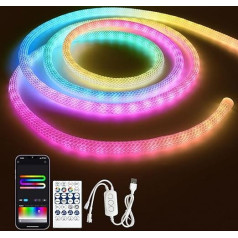 USB RGB+IC Neon LED Strip Rope 5 m, Bluetooth Neon LED Strip RGBIC Dimmable LED Strip Outdoor IP65 Waterproof, 50LED/M, App Controllable, 360° Lighting LED Strip Outdoor Indoor for Bedroom Decoration