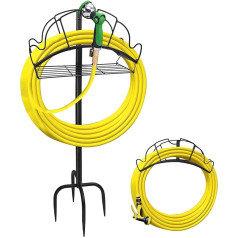 Garden Hose Holder, Freestanding Metal Water Hose Stand, Removable Robust Hose Hanger with Storage Basket, Garden Hose Holder for Yard, Lawn Place (4 Spiky Feet)
