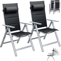 BAKAJI 2 x Extra Padded Folding Aluminium Garden Chairs with Headrest / Lumbar Cushion / 8 Positions Adjustable Outdoor