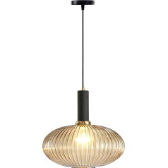 EKSED Black Metal Frame Glass Pendant Light with Vertical Striped Lampshade - E27 Pendant Lamp for Kitchen Islands, Dining Room, Living Room Decor (Amber, 30 cm)