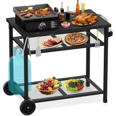 Outdoor BBQ Cart - Movable Pizza Oven Stand Table with Wheels, Dining Trolley Table for Outdoor Patio with Two Grates for Home, Party, Camping, Outdoor