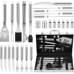 26-teiliges Grillzubehör-Set | Ultimatives Grillwerkzeug für Männer – robustes Edelstahl-Grillutensilien-Set mit Aluminiumgehäuse und Grillbürste für Papa zum Geburtstag und Weihnachten