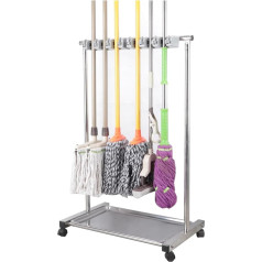 Broom Holder Tool Holder Garden Floor Standing Cleaning Tool Stand with Wheels and Small Hooks, Movable Mop Broom Holder for Laundry Room/Schools/Hospitals/Sheds (Color : 6 Pole C