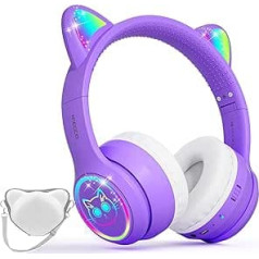 I Love E Ifecco iFecco Children's Bluetooth Headphones with Microphone, Children's Wireless Headphones with Bag, LED Lights, Cat Ear Headphones for School
