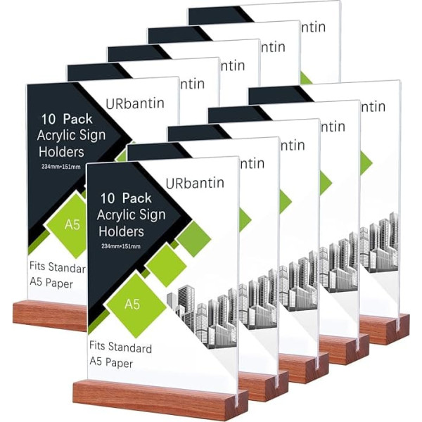 Urbantin A5 Stand Acrylic Table Stand, Pack of 10 T-Stands, Advertising Stands, T-Stand, Double-Sided Sign Holder for Restaurant, Hotel, Documents, Office, Shop (Wooden Base)
