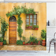Abakuhaus Italy Shower Curtain, Tuscany City Life Fabric Fabric Bathroom Decoration Set with Hooks, 175 x 220 cm, Apricot Green Brown