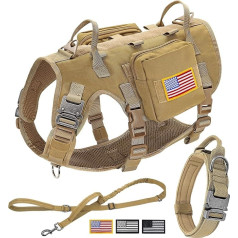 Forestpaw Tactical Dog Vest Harness and Easy Control Training Dog Collar with Bungee Dog Lead Set, No Pull Military Dog Harness with Backpack for Medium Large Dogs, Coyote, Brown, L