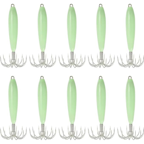 PATIKIL 35g Luminous Squid Jig Hooks, 10 Pieces Squid Tubes Saltwater Fishing Lures Bait Jig Glow in the Dark with 12 Stainless Steel Needles Green