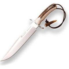 Joker Bowie Hunting Knife 9.45 Inch CC139 with Stainless Steel Protection, Stag Horn Handles, Straight Blade of 23.5 cm, 554 g, Brown Leather Sheath, Tool for Fishing, Hunting, Camping and Hiking
