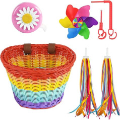 Bicycle Basket Set Children's Bicycle Basket Front with Leather Straps Bicycle Bell Bicycle Windmills Bicycle Tassels Bike Basket Set Bicycle Basket Accessories for Girls and Children