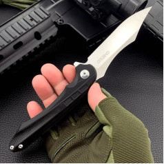 Omesio Folding Knife with Belt Clip, Outdoor Knife Folding Knife D2 Steel with G10 Handle, Extra Sharp Survival Pocket Knife, Black