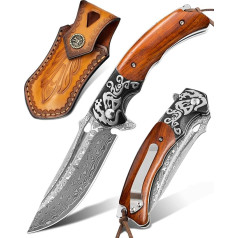 LOTHAR RHAEGAL Damask Folding Knife, Damask Pocket Knife Made of 67 Layers VG10 Damascus Steel, Damask One-Handed Knife with Wooden Handle, for Collection or Gift (Rosewood)