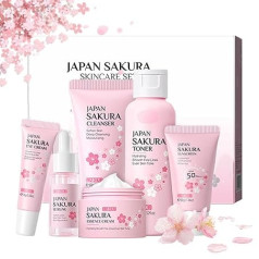Sakura Skincare Set, Skin Care for Teenage Girls and Women, Gentle and Glow Skin Beauty Gift Set, 6-Piece Face Care Set, Cleansing Toner, Face Cream, Serum, Eye Serum, Sunscreen