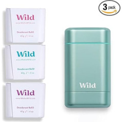 Wild - Natural Refillable Deodorant - Aluminium Salt Free - Metallic Blue Deodorant Container with Refill Variety Pack - Contains Fresh Cotton & Sea Salt, Jasmine & Mandarin, Coconut & Vanilla