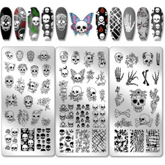 PH PandaHall 3pcs Gothic Skull Nail Stamper, 58 Patterns Horror Skeleton Flower Nail Stamping Plate Stainless Steel Nail Picture Plates for Nail Design Print Manicure Salon Halloween