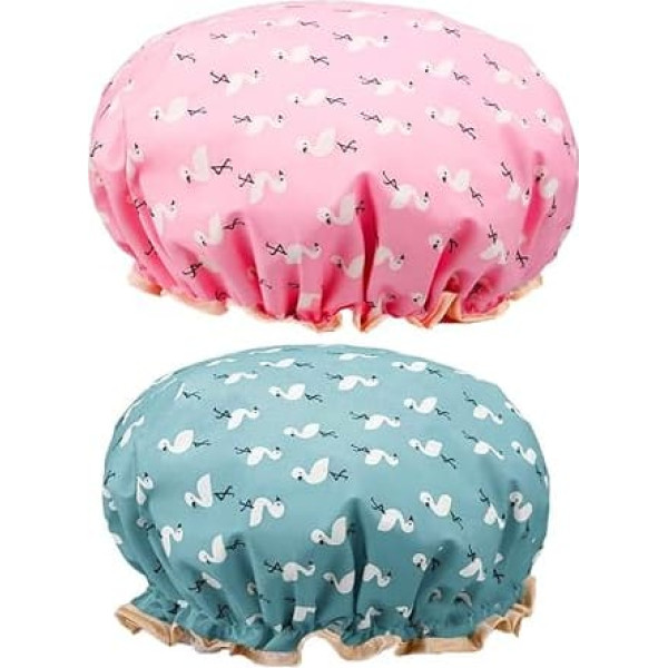 2 Duschhauben – Badehauben/elastisches Band, doppellagige Duschhaube mit gerüschtem Rand, bedeckt die Ohren, wasserdicht, wiederverwendbar, Badehaarmut für Mädchen, Frauen, Damen, Spa-Salon