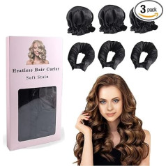 KONFEN Satin Hair Rollers Without Heat, Pack of 3 Heat-Free Velvet Curlers with Hooks for Most Hair Types, Casual in Bed, DIY Styling Curlers for Heat-Free Bun Bons (Black)