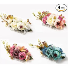 Pamtns Pack of 4 Hair Combs Artificial Flowers Metal Hair Side Combs Metal Hair Combs with Artificial Rose Women Hair Accessories Slides Clips Hair Side Combs Bridal Headpiece for Wedding Accessories