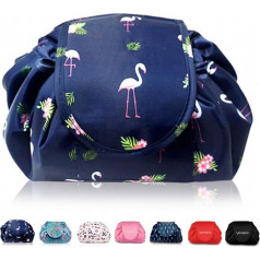 Lazy Cosmetic Bag with Drawstring Portable Large Cosmetic Bag Travel Bag Makeup Bag Storage Organiser for Women Girls (Navy Flamingo), Navy Flamingo, Drawstring Makeup Bag