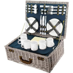 BEM Smak Picnic Basket for 6 People, 40 Piece Picnic Suitcase Set, Wicker, Carry Handle, Tableware, Cutlery, Salt and Pepper Shakers with Accessories, Outdoor, Camping