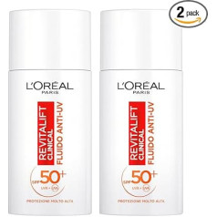 L'Oréal Paris Revitalift Clinical Anti-UV Face Fluid SPF 50+ Sun Protection with Netlock Technology Formula with Vitamin C Antioxidant and Anti-Ageing Effect Ultralight - 2 Bottles of 50 ml