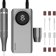 Nail Drill Battery, Manicure Set, Electric Nail File, 35000 rpm, Delanie Nail Cutter for Gel Nails, Acrylic Gel, Cuticle Remover, Foot Care, Pedicure, Nail Design with LED Display, USB Charging, Grey