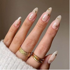 JUSTUSNX 24pcs Almond French Fake Nails Nude False Nails Silver Glitter Golden Heart Press on Nails for Women and Girls (A)