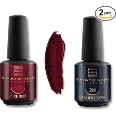 Shayenne Set of 2 UV Gel Nail Polish 60 Fire Red 15 ml + 2-in-1 Base Coat and Top Coat 15 ml UV LED Lamp Base Coat with Top Coat Nail Polish Gel Polish Nail Gel Shellac (30 ml)